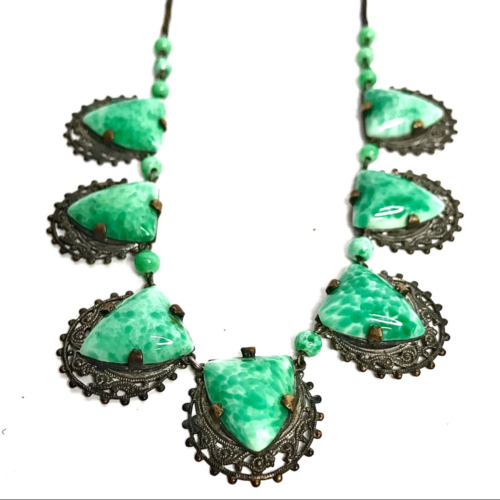 Vintage Necklace Green Czech Glass Faux Jade 1930